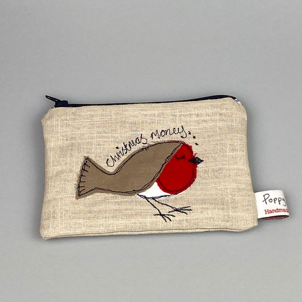 Christmas robin embroidered coin purse