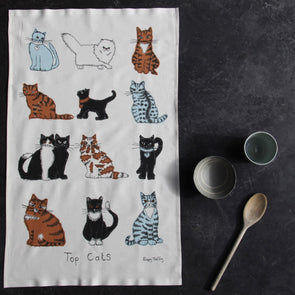 cats tea towel with cups and spoon, cat lover gift idea