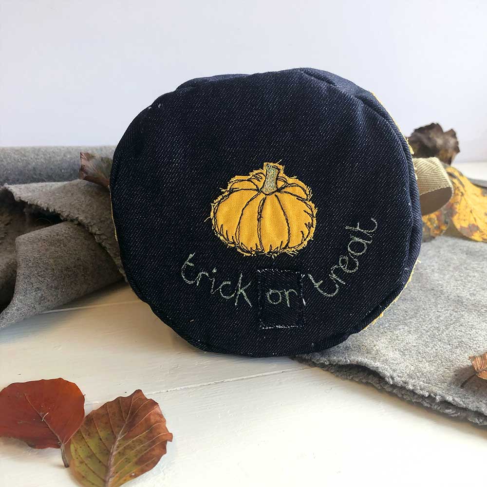 Perky Pumpkins trick or treat pot - freehand embroidery project