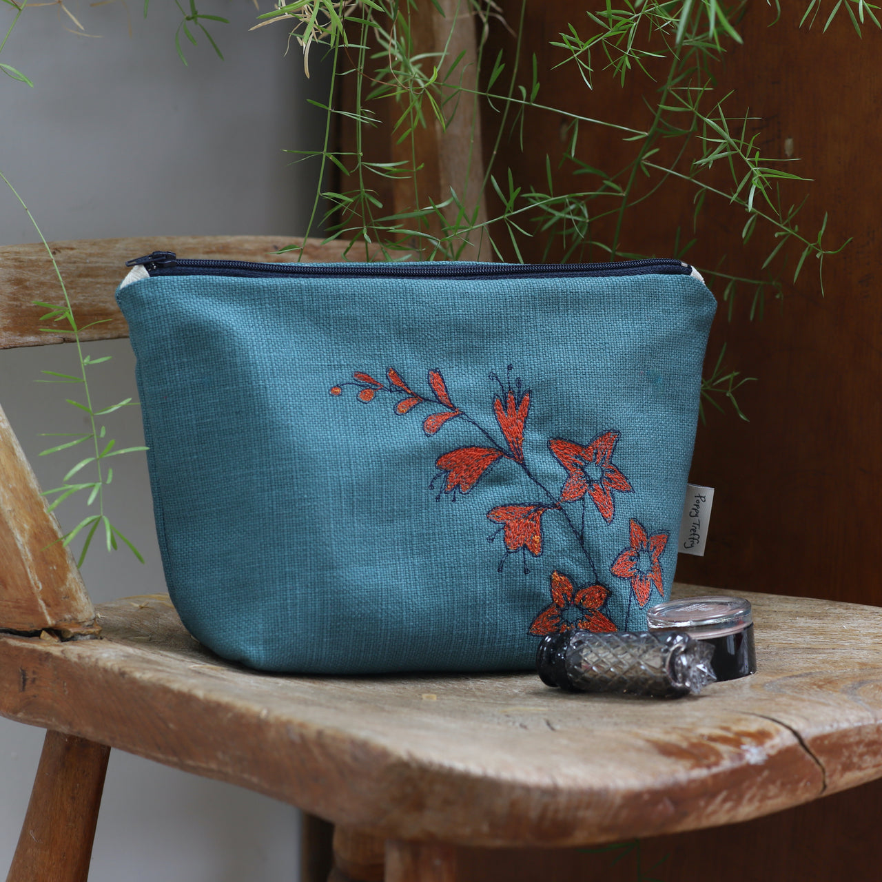 montbretia - embroidered make up bag