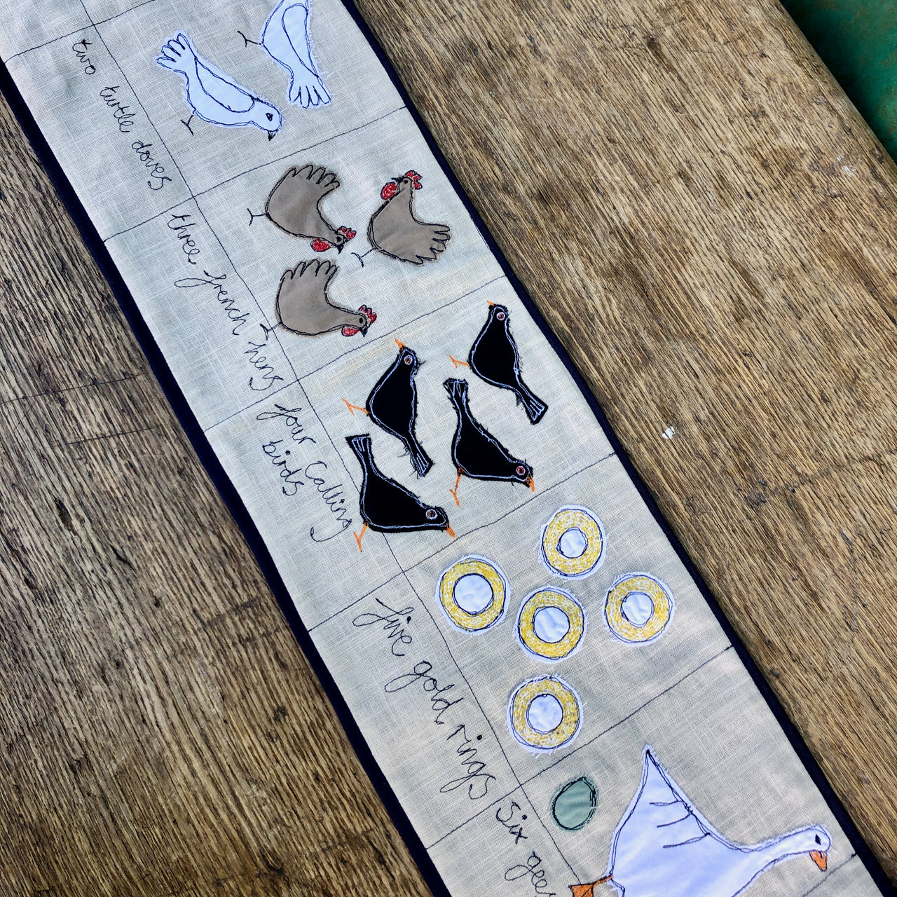 Twelve days of Christmas table runner - freehand embroidery project