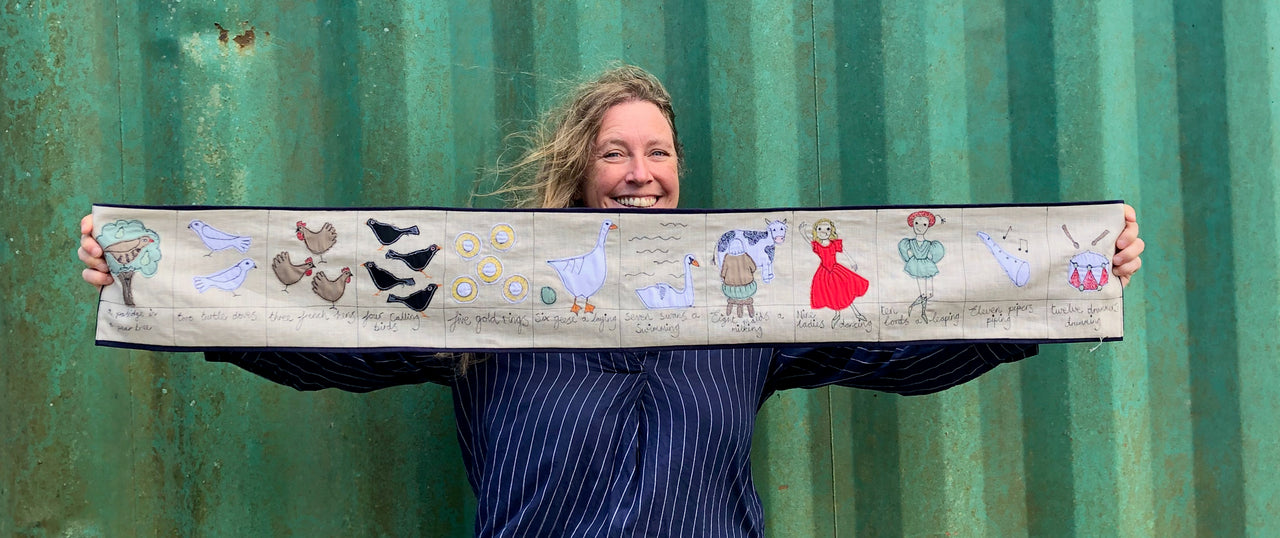 Twelve days of Christmas table runner - freehand embroidery project