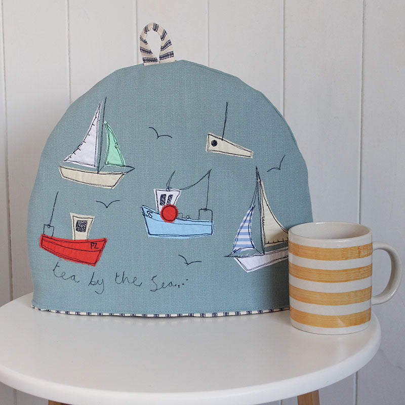 boats tea cozy with stripey mug