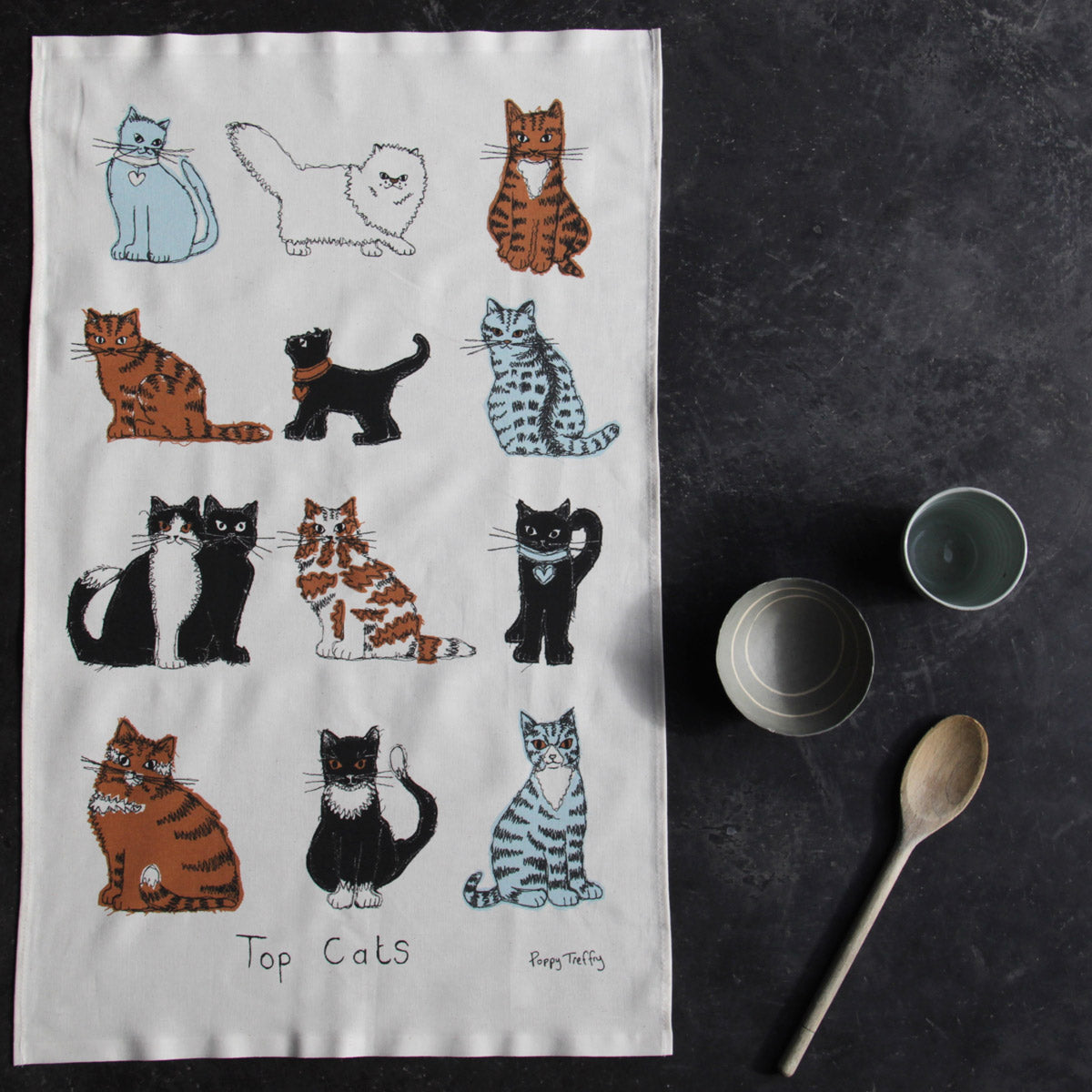 cats tea towel with cups and spoon, cat lover gift idea