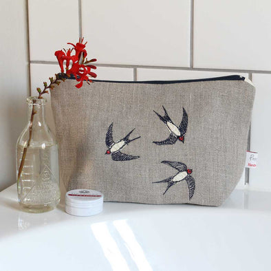 swallows - embroidered make up bag